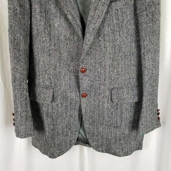 Vintage HARRIS Tweed Blazer Black Herringbone Wool Sport Coat Jacket Mens 42 44 - Picture 3 of 6